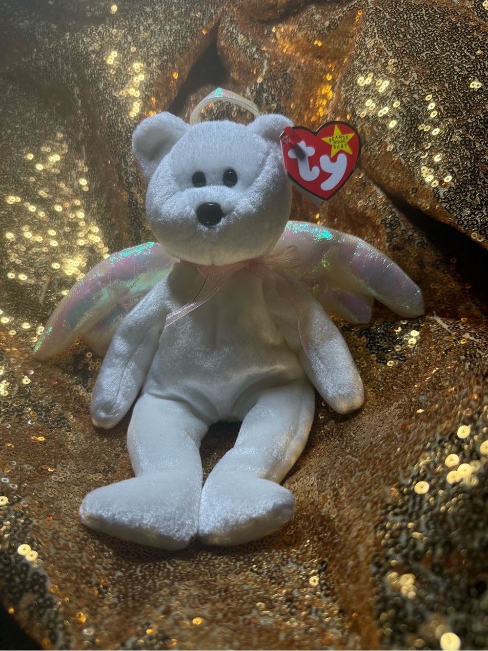 VERY RARE TY White Angel Bear Plush Toy - Soft White Teddy with Iridescent Wings